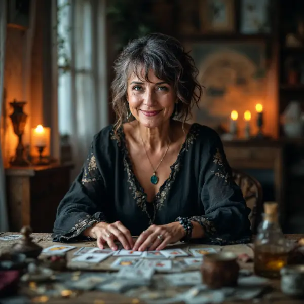 Médium experte du tarot et voyance Femme mature souriante voyante et médium devant des cartes du tarot pour une consultation de voyance par téléphone