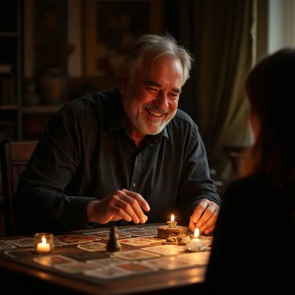 Expert en arts divinatoires pour une voyance en ligne Homme mature avec barbe souriant expert divination et voyance par téléphone fait un tirage de carte du tarot à une femme devant lui