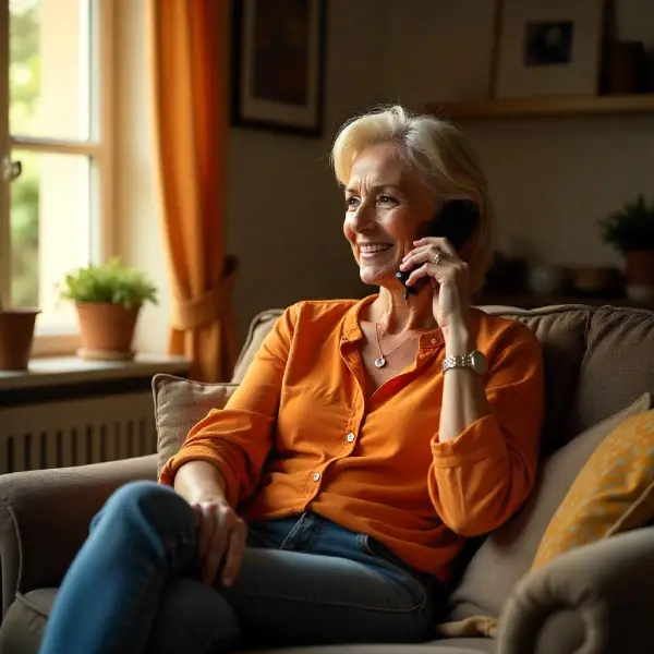 Consultation de voyance en privé en ligne Femme mature style européen cheveux court assise dans son salon parle au téléphone pendant une séance de voyance privée
