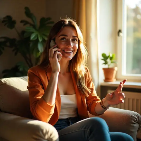 Femme moderne style européen souriante parle au téléphone assise dans un fauteuil pendant une consultation de voyance par téléphone