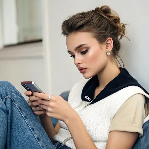 Voyance audiotel sans cb Femme moderne tient son téléphone pendant sa consultation de voyance par téléphone chez kinen voyant et médium