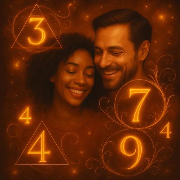 La numérologie pour une consultation de voyance d'un couple Jeune couple mixte femme brune les deux souriants dans un univer illustrant des chiffre pour désigner la numérologie