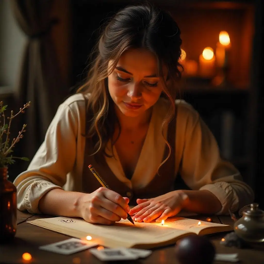 étude de numérologie pour une voyance par téléphone Jeune femme style européenne experte de divination écrit fait une étude de numérologie dans la main un crayon devant cartes de tarot