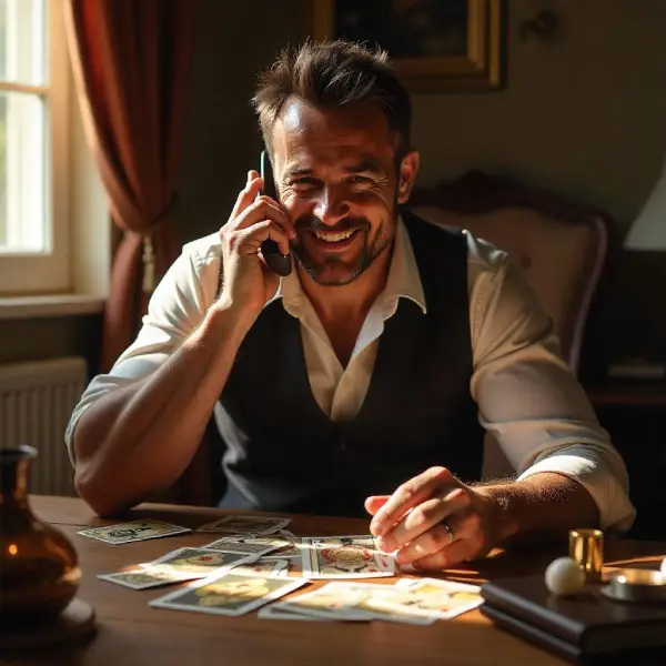 Un voyant médium pour une voyance en ligne Jeune homme voyant et médium tient un téléphone assis devant un jeux de carte chambre ensoleillée pendant une voyance privée en ligne