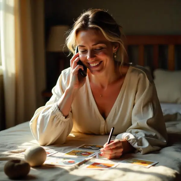 Voyante pendant une consultation de voyance privée par téléphone Jolie femme moderne souriante tient un téléphone assise davant un tirage des cartes de tarot pendant une voyance privée en ligne