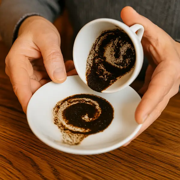 Lecture du marc de café dans une tasse lors d'une séance de cafédomancie