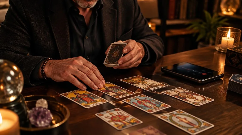 Tirage du Tarot de Marseille sur une table en bois, téléphone posé à côté pendant une consultation de voyance