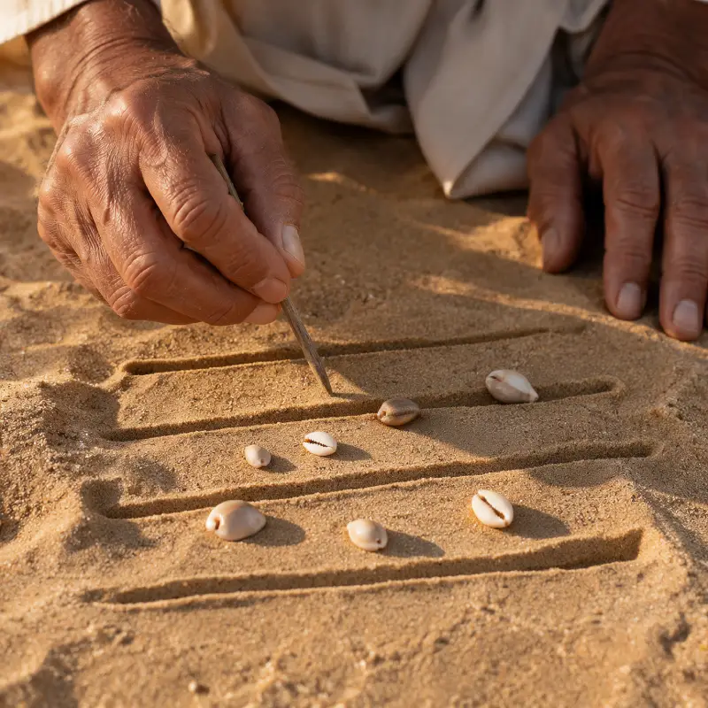 Mains d'un géomancien traçant quatre traits dans le sable avec une brindille, sept coquillages jetés sur la figure
