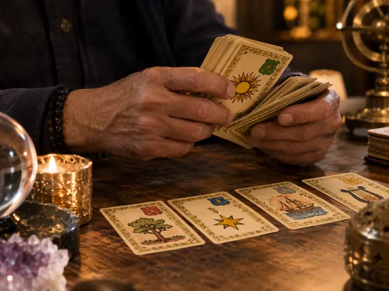 Mains d'un voyant battant les cartes de l'oracle de Belline, tirage de cartes étalé sur une table en bois à la lueur d'une bougie